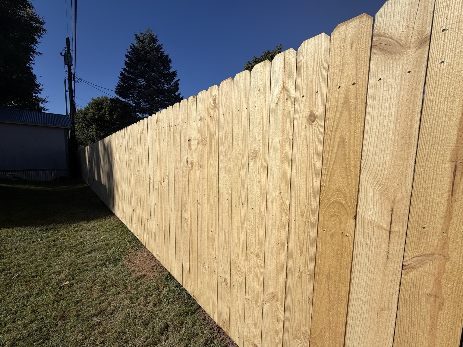 Close-up view of wooden privacy fence pickets